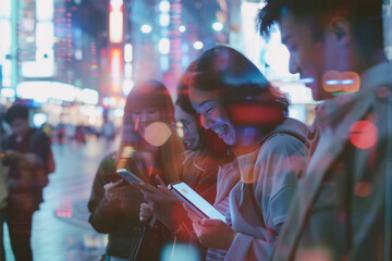 Fototapeta na wymiar A group of young people look at a smartphone and smile against the backdrop of bright city lights, social media concept