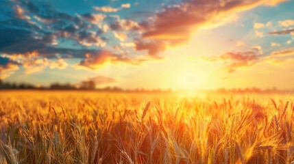 Fototapeta premium Experience the essence of summer with a close-up of golden wheat ears against a backdrop of a vast wheat field, symbolizing the bountiful harvesting period