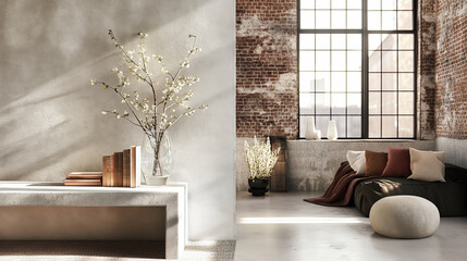 Industrial Chic Bedroom with Exposed Brick Wall and Large Window. Contemporary Urban Bedroom with Textured Brick Accent and Modern Furnishings