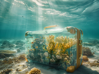 transparent suitcase under the sea with fish in a coral reef, summer vacation travel concept