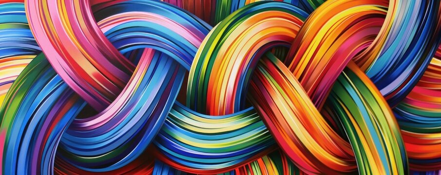 Vibrant knot of intertwined lines, symbolizing complexity and connection in a colorful abstract design.