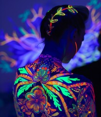  A woman's back is illuminated by neon lights, featuring a floral design