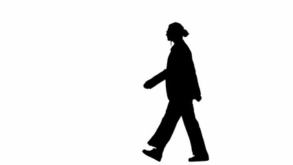 Business woman in formal outfit walking with confident focused face expression. Side view. Black silhouette on a white isolated background.
