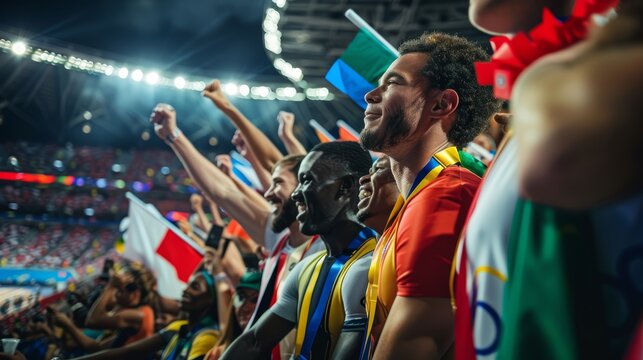 Joyful athletes raising hands in unity at an international sporting event with fans and colorful flags in the background