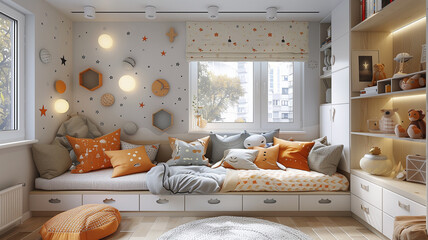 Airy ambiance, neutral tones, a bright and inviting setting for play and rest