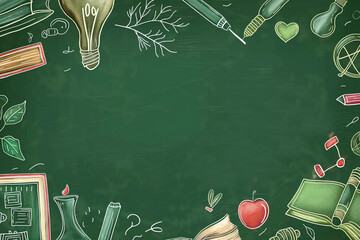 green educational background with white hand-drawn educational illustrations, educational background, education green background, blackboard background, green blackboard and educational icons