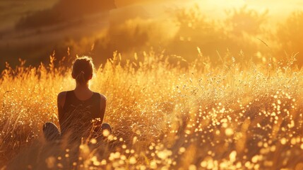 Child in a field at sunset. Golden hour backlit portrait. Peaceful nature and childhood concept for design and print.