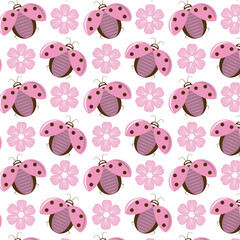 Pink lady bug with pink flowers seamless pattern vector illustartion