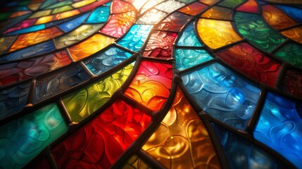 Red, yellow, blue, green, red, orange, yellow, blue stained glass close up sun shining