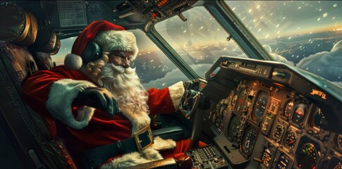 Santa Claus flies in the cockpit of an airplane - obrazy, fototapety, plakaty