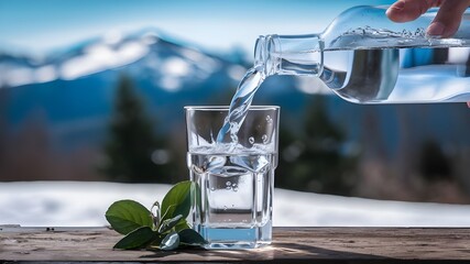 Refreshing Crystal Water: Pouring into Glass against Snowy Mountain Landscape