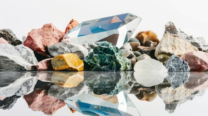 Colored stones with mirror on white background.