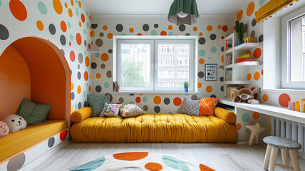 Tranquil, light-toned kids' room with soft colors and soothing ambiance, ideal for play and rest