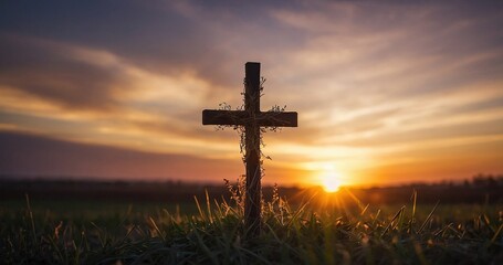 cross standing at sunrise summer vibes with religious faith 