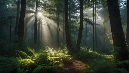 Schilderijen op glas A sunlit path winds through a misty forest. The sun's rays shine through the trees, illuminating the path and the ferns that line it. The forest is green and lush, and the air is filled with mist. © muheeb