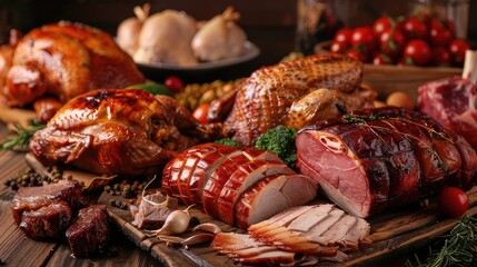 featuring a meaty spread of pork, beef, turkey, and chicken on a wooden table, devoid of any vegetables, offering a carnivorous feast
