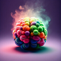 Brain made of tennis ball, colorful, purple background