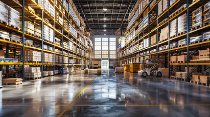 Fototapeta premium Industrial warehouse with racks and shelves, highlighting the organization and storage of goods