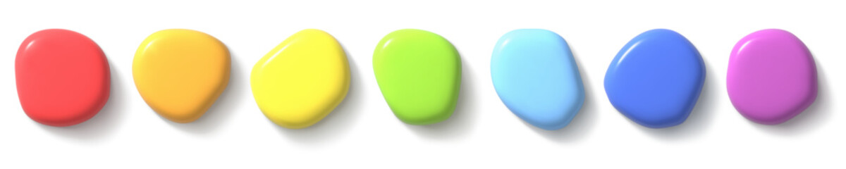 Set 3d render abstract liguid shapes. Colored rainbow paint splash with shadow on a white background. Realistic isolated vector illustration for card, party, design, flyer, web, advertising