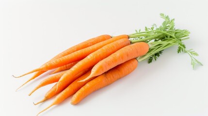 Bunch of fresh carrots with green leaves isolated on white background