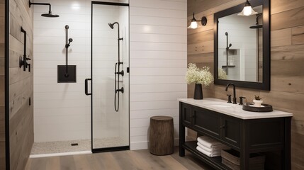 Bathroom featuring whitewashed wood plank walls and oil-rubbed bronze fixtures.