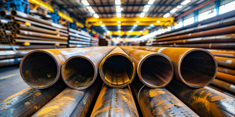 Industrial steel pipes stacked in a warehouse, highlighting the heavy engineering and manufacturing process - obrazy, fototapety, plakaty