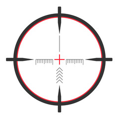 A simple black and red sniper scope with a reticle and a red crosshair.