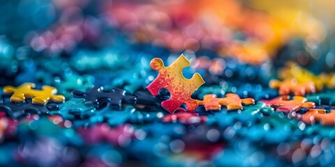A colorful puzzle piece fits into brain network symbolizing cognitive complexity. Concept Puzzle, Brain, Cognitive Complexity, Colorful, Network
