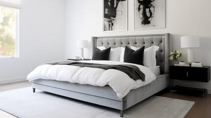 Bedroom in bright whites with charcoal gray velvet upholstered bed frame.