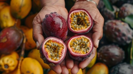Passion fruit selection  hand holding fresh fruit on blurred background with copy space