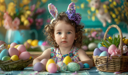 A young child wearing bunny ears sits at the table