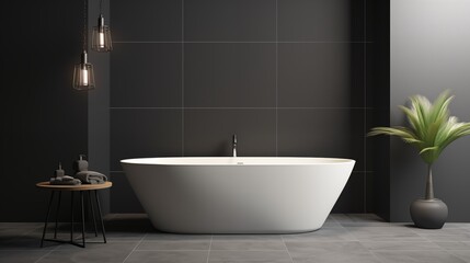 Fototapeta na wymiar Black matte tile floors with light gray walls and a white freestanding bathtub.
