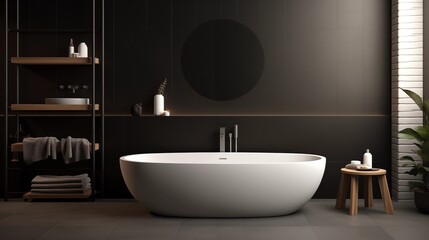 Fototapeta na wymiar Black matte tile floors with light gray walls and a white freestanding bathtub.