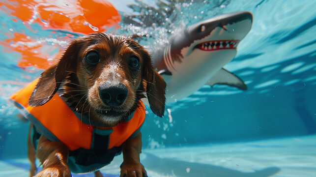 duchshund preto em colete salva-vidas com barbatana de tubarão na piscina
