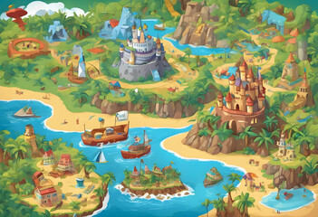 Colorful Adventure Island: Castle, Jungle, and Beach Exploration