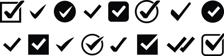 Check mark icons set. Check marks right, good, correct, symbol collection isolated on transparent background. Simple check mark. Quality sign icon. Checklist symbols. Approval check flat style stock.