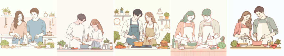 Couple characters are cooking in a simple flat line art style - obrazy, fototapety, plakaty