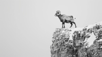 Majestic Bighorn Sheep in Snowy Terrain, Black and White, B&W, Illustration. Generative AI.
