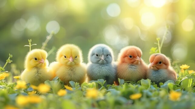  Small chicks perched atop green grass, surrounded by yellow flowers & a distant forest backdrop