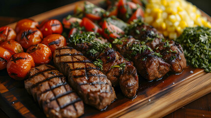 A succulent spread of grilled meats and vegetables, perfectly charred and garnished with herbs, ready to tantalize the taste buds - obrazy, fototapety, plakaty