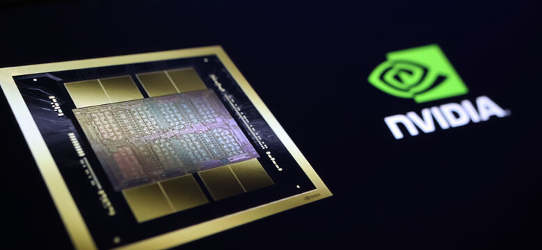 Viersen, Germany - March 18. 2024: Closeup of smartphone on computer Keyboard with log lettering of Nvidia and symbol for new Blackwell GPU B200 preocessor chip