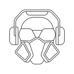The icon of a worker man wearing a respirator, goggles and headphones.