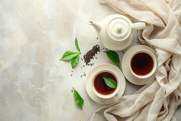 White background with teapot and tea cups, green leaves on beige stone board. Top view flat lay banner for healthy drink concept with copy space