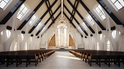 Obraz premium Contemporary church with light blonde pews and black metal truss work.