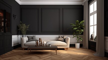 Dark charcoal gray walls with a light wood herringbone floor and white crown molding.