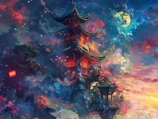 Crab Rangoon ascending toward a majestic moonlit pagoda in a mystical Eastern garden. - obrazy, fototapety, plakaty