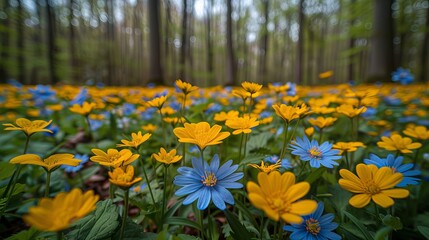 Spring in the forest, yellow and blue wild flowers on the forest floor,