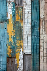 Vintage background of wooden board wall with a colors of teal, blue, green yellow and white	