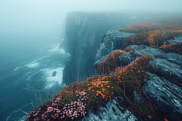 Rocky cliff with a blue ocean in the background, covered in flowers and grass