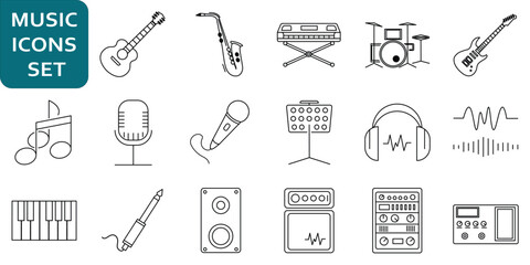 Collection of Simple Music Related Vector Line Icons.
Contains Icons like Guitar, Drums, Piano, amplifier, Headphones, saxophone and more.
Editable stroke. 